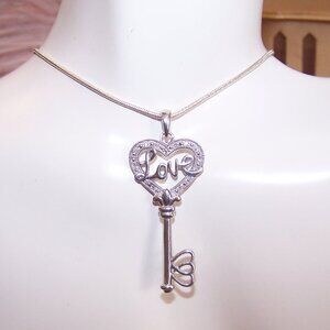 Vintage Sterling Silver Lab Diamond Key Pendant - LOVE